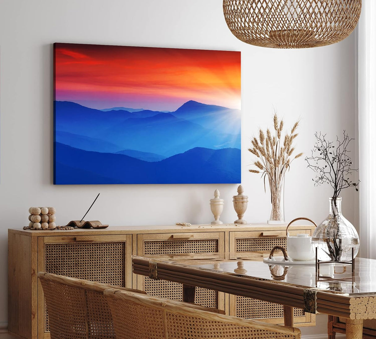 Paul Sinus Wandbild 120x80cm Gebirge Berge Blau Rot Sonnenstrahlen Bergkette