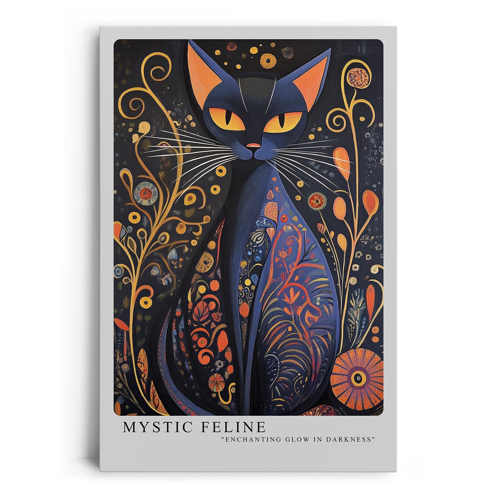 Paul Sinus Leinwandbild 80x120cm mystische Katze mit ornamentalen Mustern in leuchtenden Farben – kunstvolles Leinwandbild für moderne Raumgestaltung