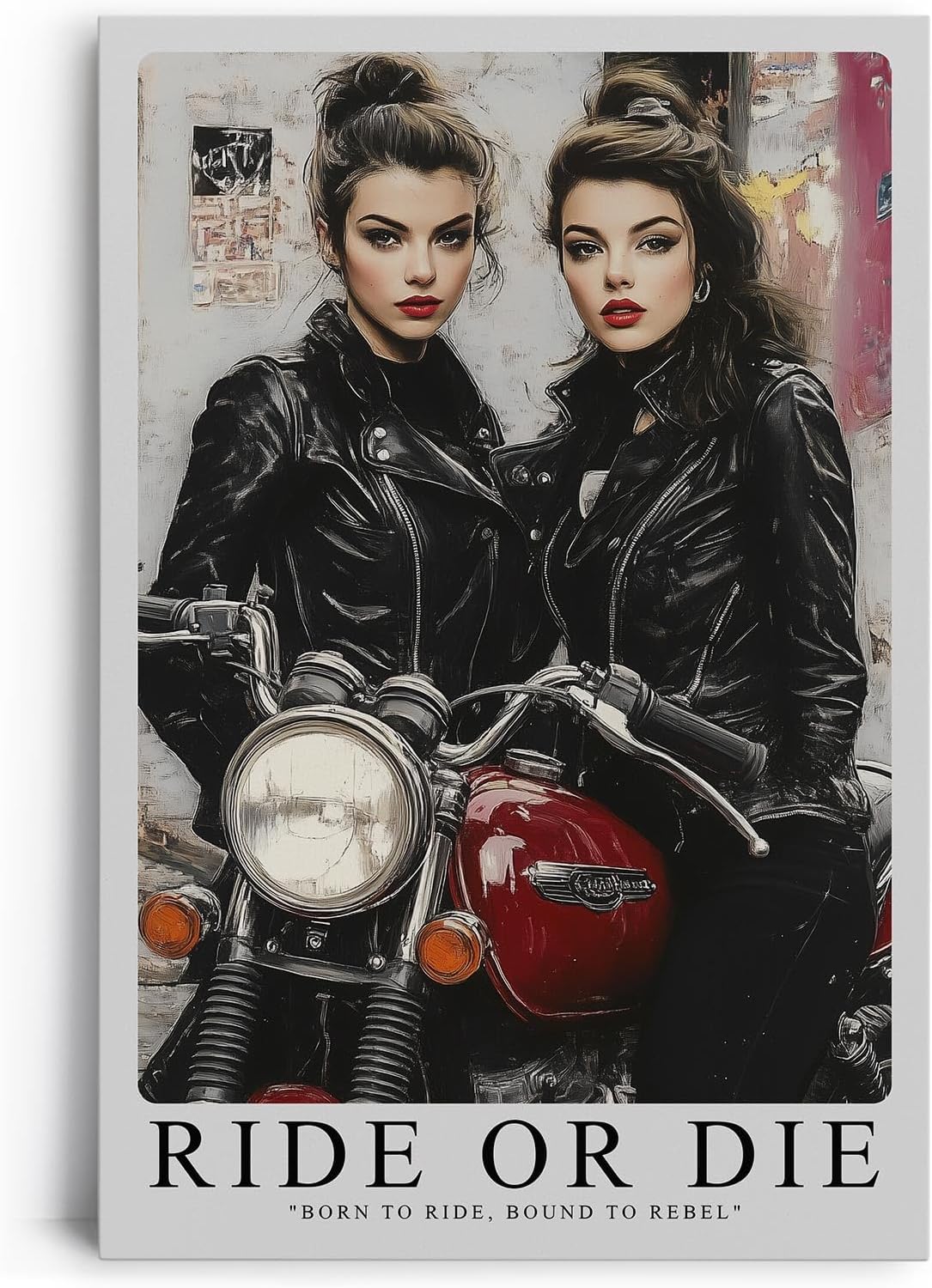 Paul Sinus Leinwandbild 60x90cm Leinwandbild Ride or Die – Ausdrucksstarke Rebellinnen in Lederjacken mit Vintage-Motorrad, urbaner Charme