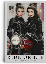 Paul Sinus Leinwandbild 60x90cm Leinwandbild Ride or Die – Ausdrucksstarke Rebellinnen in Lederjacken mit Vintage-Motorrad, urbaner Charme