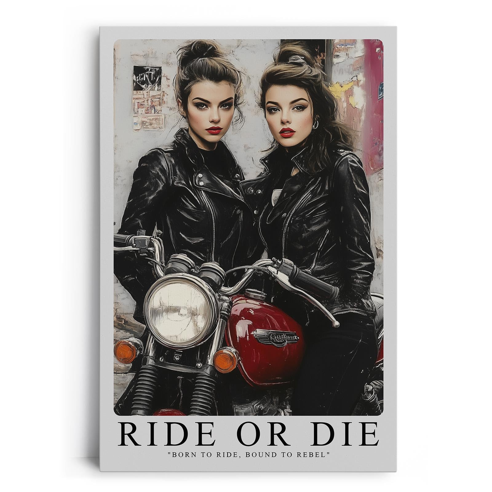 Paul Sinus Leinwandbild 60x90cm Leinwandbild Ride or Die – Ausdrucksstarke Rebellinnen in Lederjacken mit Vintage-Motorrad, urbaner Charme