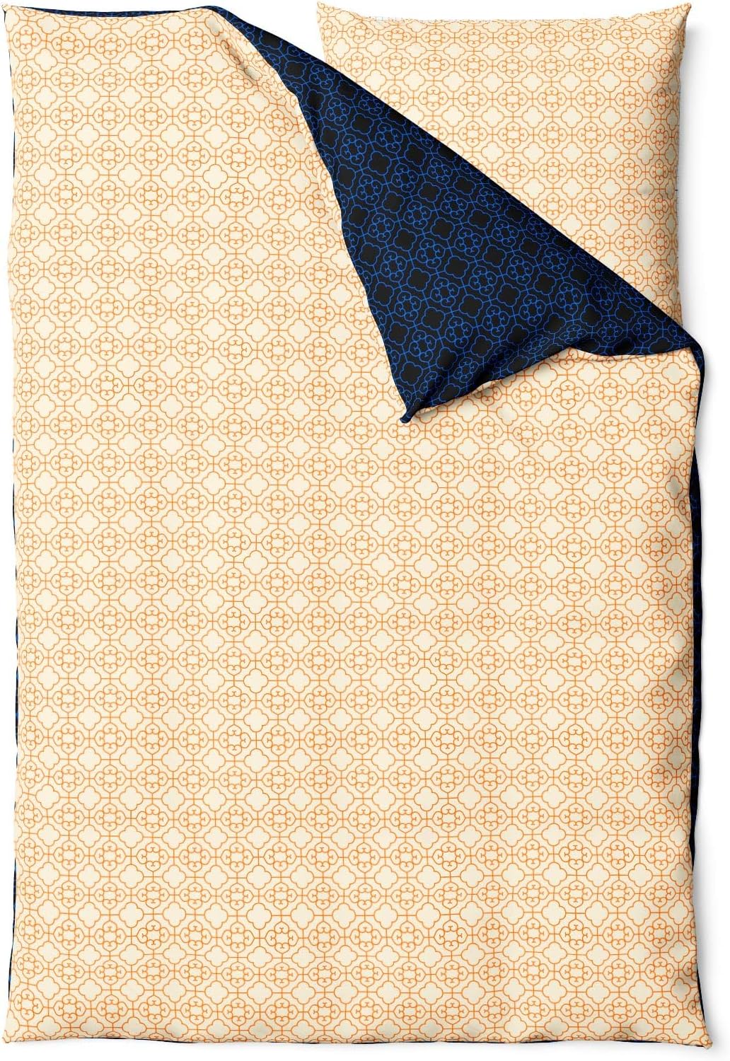 Sinus Art Mikrofaser Bettwäsche 135x200 cm + 80x80 cm – Wendedesign in Dunkelblau & Beige orangem Muster, pflegeleicht & atmungsaktiv