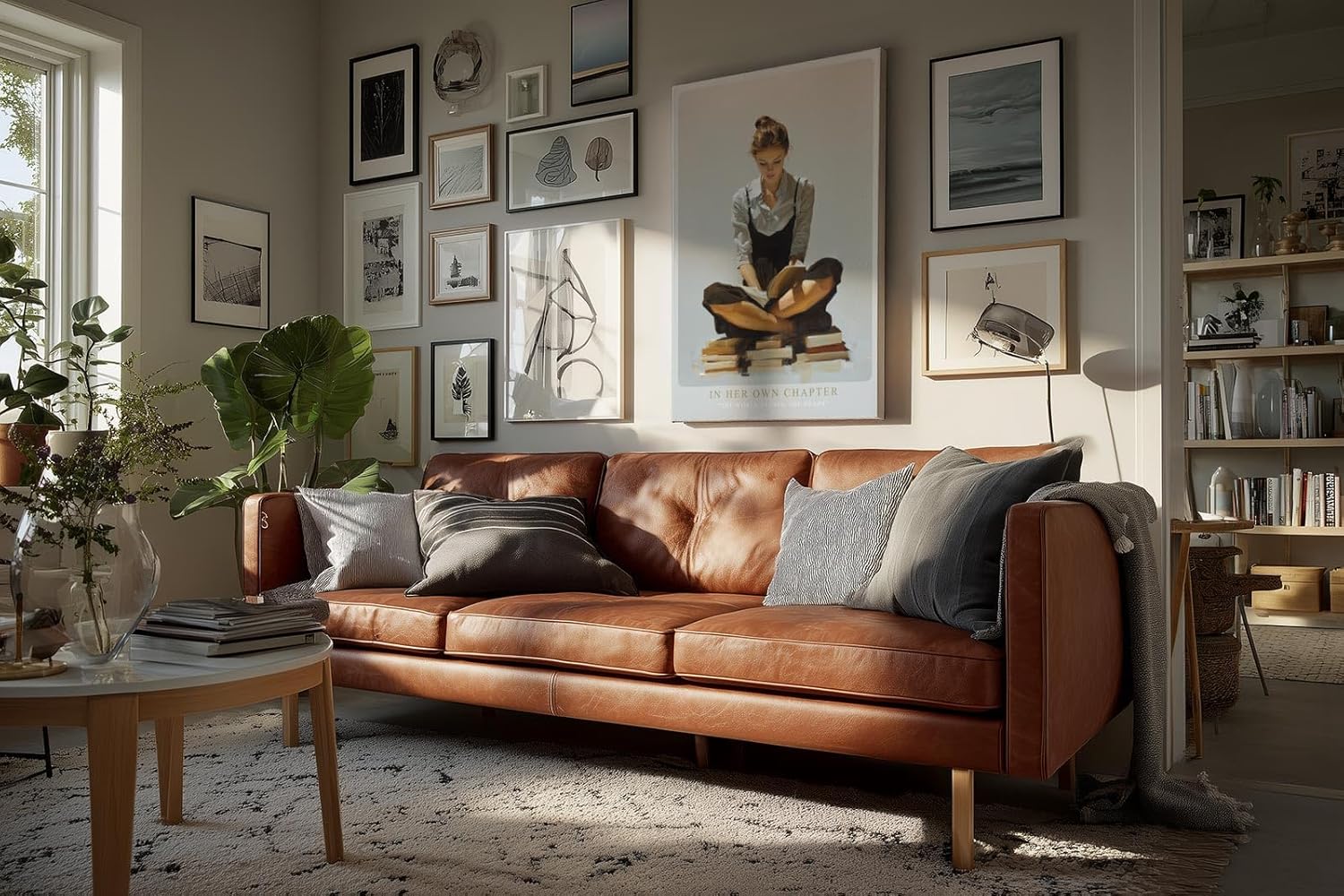 Paul Sinus Wandbild in 40x60cm In Her Own Chapter – Ausdrucksstarkes Porträt einer jungen Frau, auf Bücherstapeln sitzend und lesend, moderne Bilder mit klaren Linien und warmen Akzenten