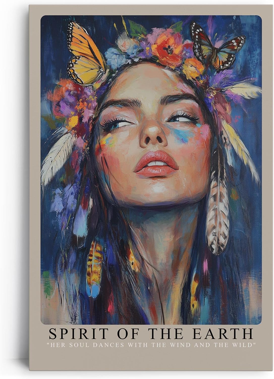 Paul Sinus Leinwandbild 40x60cm Geist der Erde – Ausdrucksstarkes Porträt mit Blumen, Schmetterlingen und federleichtem Boho-Stil