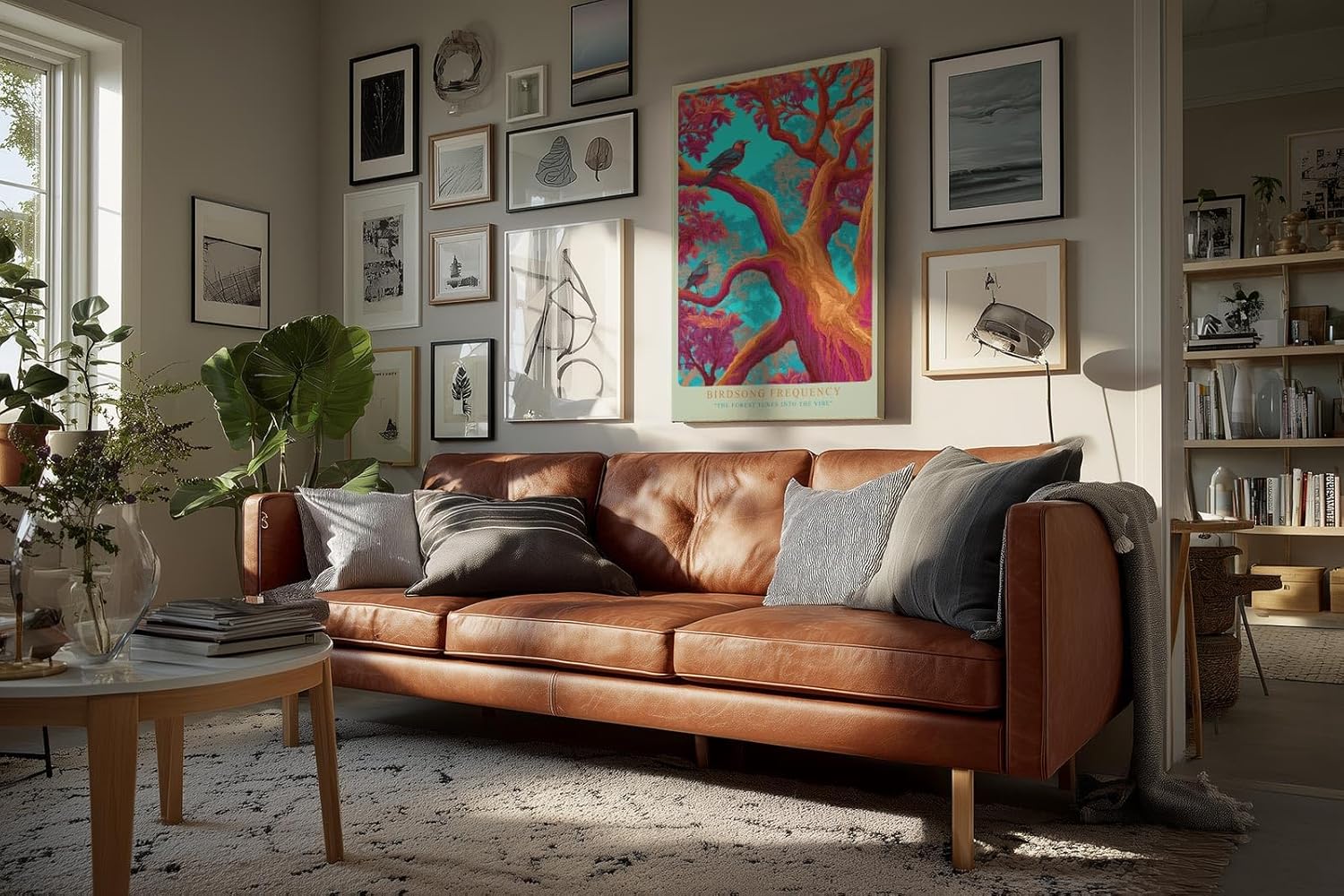 Paul Sinus Wandbild in 40x60cm Bunte Vögel in farbintensivem Baum – surrealistisches Kunstwerk mit kräftigen Kontrasten und leuchtenden Details