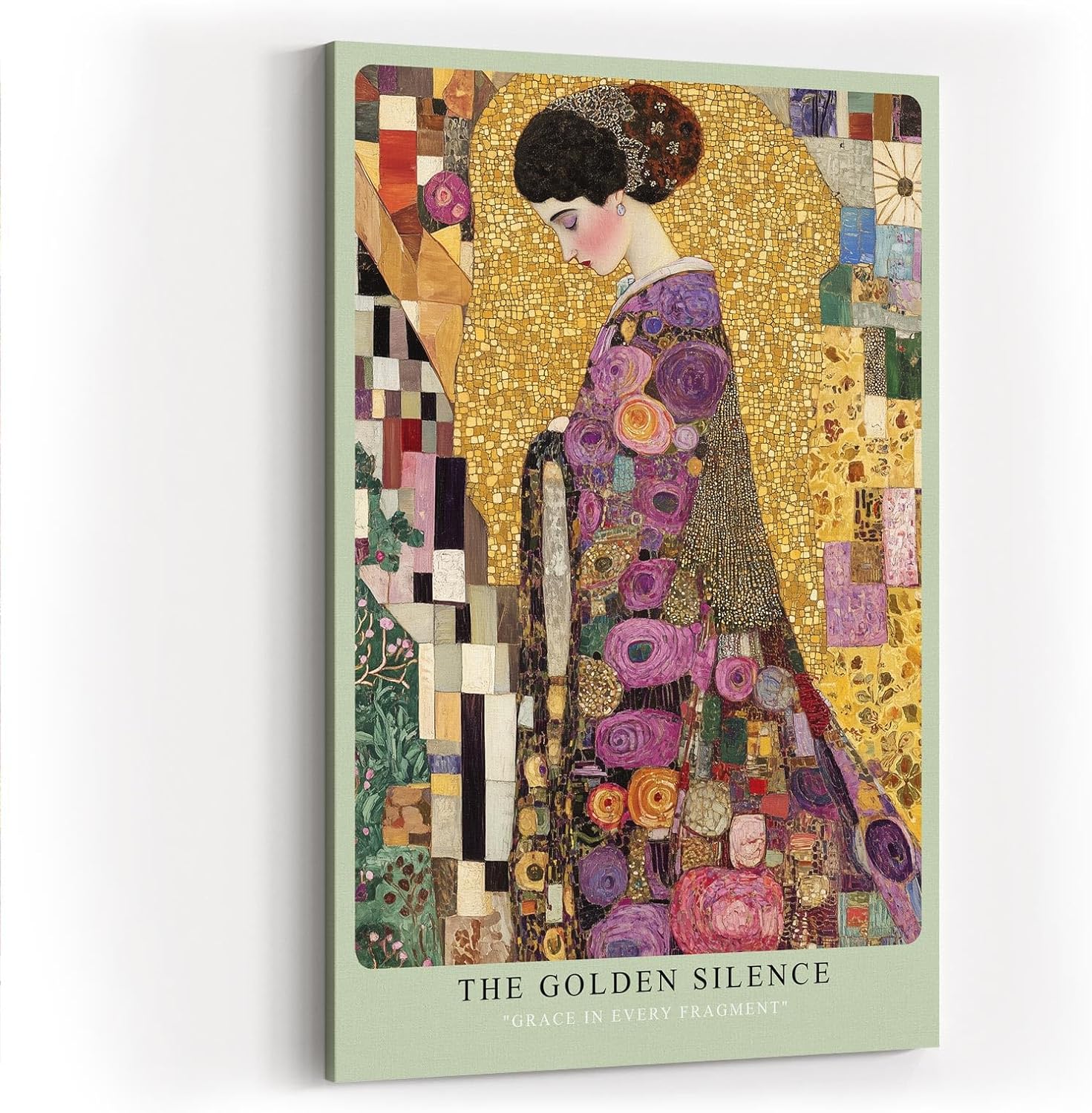 Paul Sinus Wandbild in 80x120cm The Golden Silence – kunstvolles Porträt im goldenen Mosaikstil mit floralen Ornamenten für stilvolle Raumgestaltung