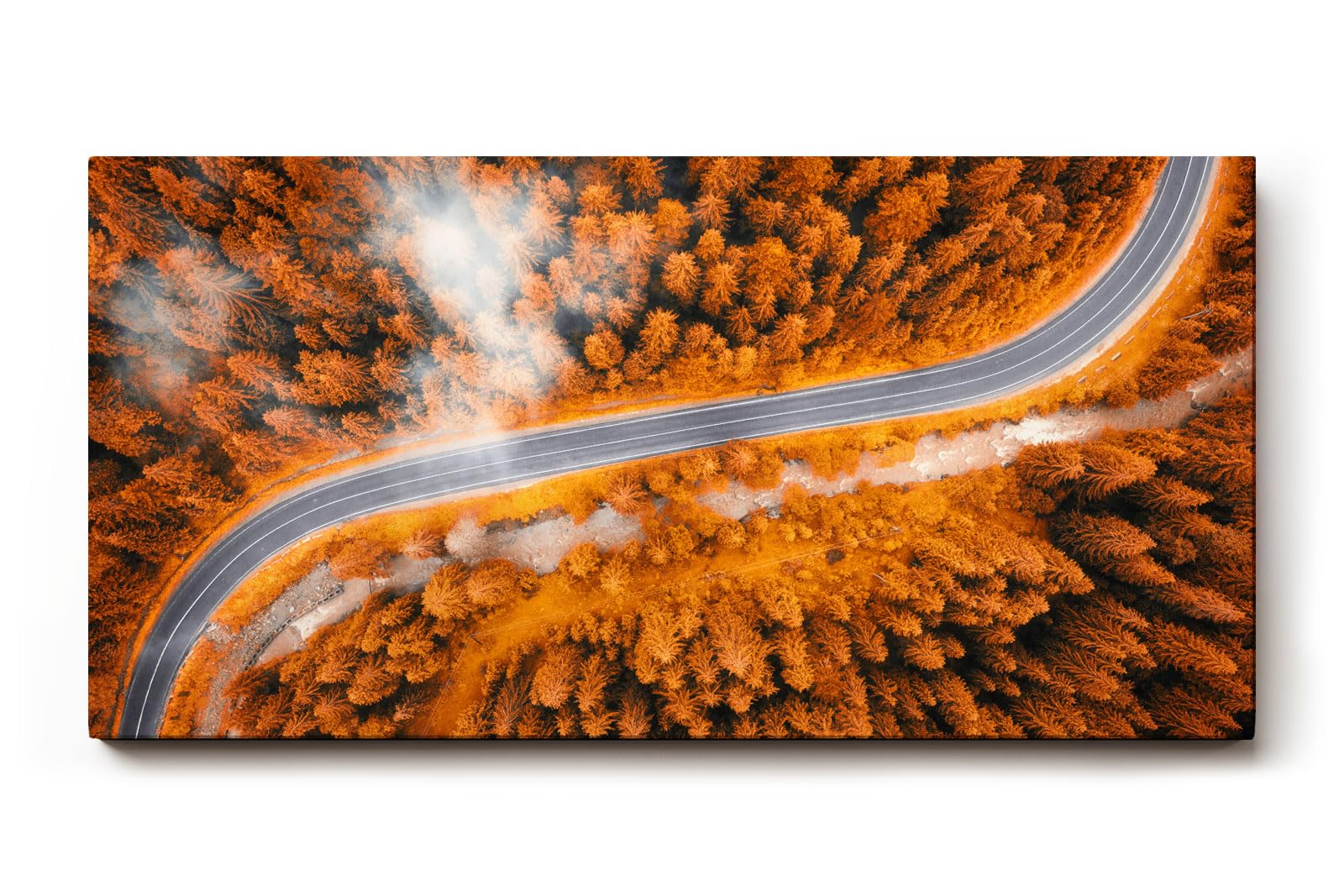 Sinus Art Wandbild 120x80cm Herbstlicher Mischwald mit elegant geschwungener Straße in Luftaufnahme
