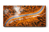 Sinus Art Wandbild 120x80cm Herbstlicher Mischwald mit elegant geschwungener Straße in Luftaufnahme