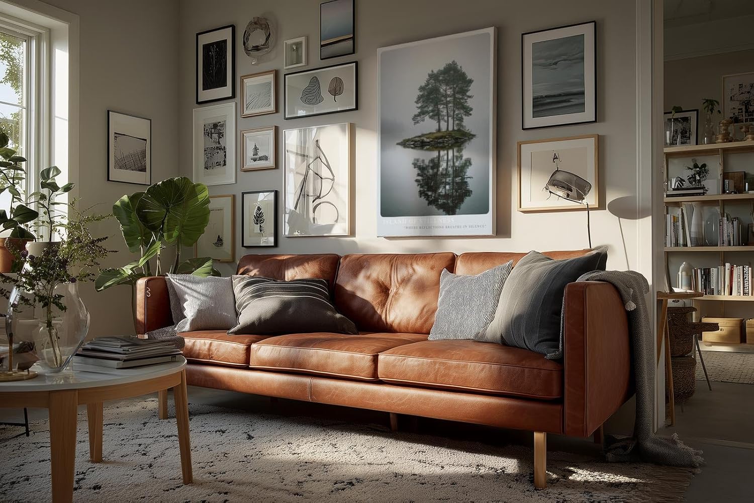 Paul Sinus Wandbild in 40x60cm Island of Stillness – Nebelige Seeinsel mit Baumgruppe, ruhiges Naturmotiv in sanften Grautönen und Spiegelung im Wasser