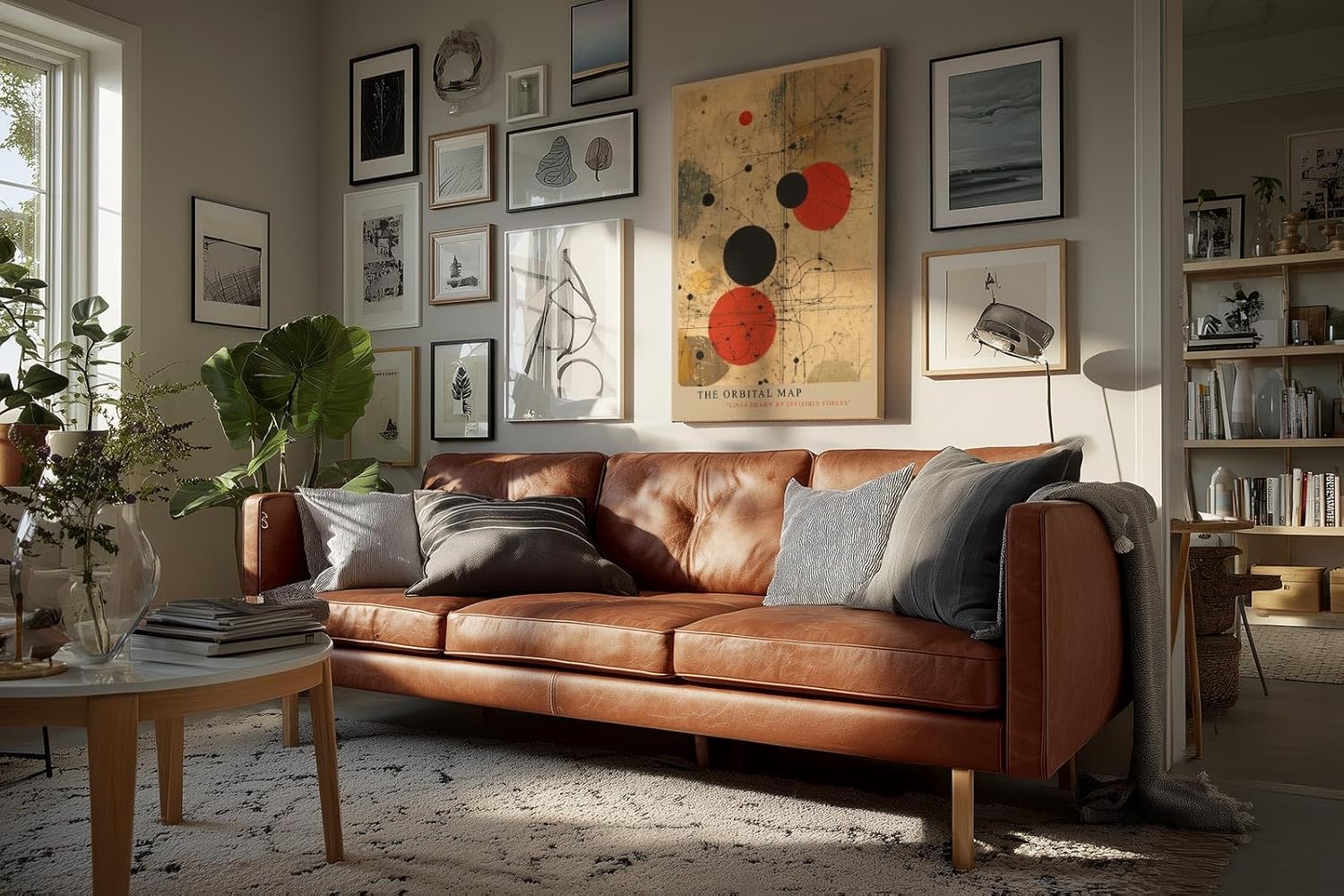 Paul Sinus Wandbild in 40x60cm The Orbital Map – Abstraktes Spiel aus roten und schwarzen Kreisen auf beigem Hintergrund mit feinen Linien wie unsichtbare Kräfte