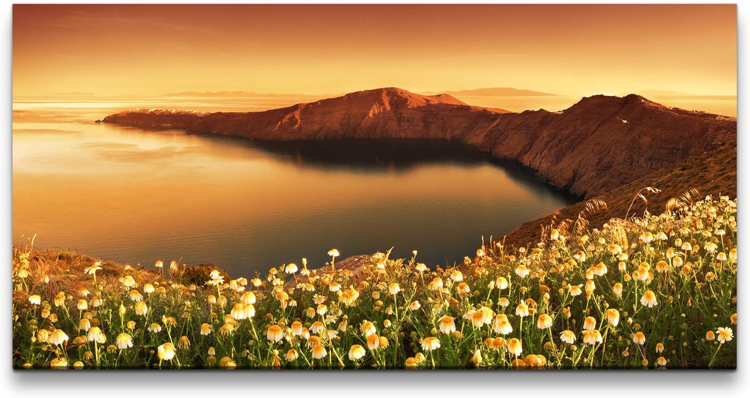 Sonnenuntergang in Santorini ca. 130x70cm Wandbild inklusive Schattenfugenrahmen weiss - Panorama Leinwand Bild XXL Format Wandbilder Wohnzimmer Wohnung Deko Kunstdrucke