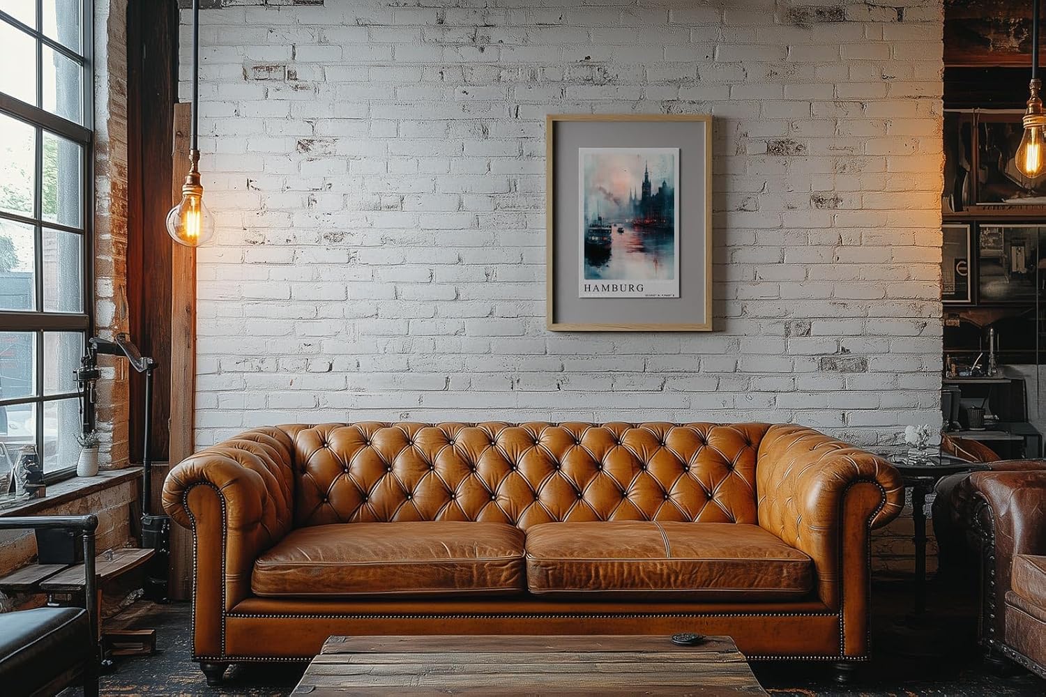 Paul Sinus Leinwandbild 80x120cm Hamburg Misty Evenings – Atmosphärische Hafenszene mit nebligem Elbufer, beleuchteten Gebäuden, Schiffe