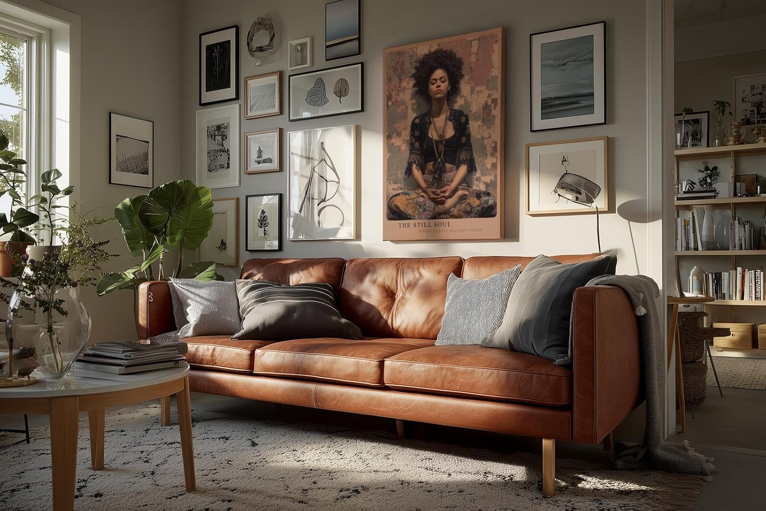 Paul Sinus Wandbild in 40x60cm The Still Soul mit meditierender Frau in Boho-Stil vor abstraktem Hintergrund für entspannende Wandgestaltung