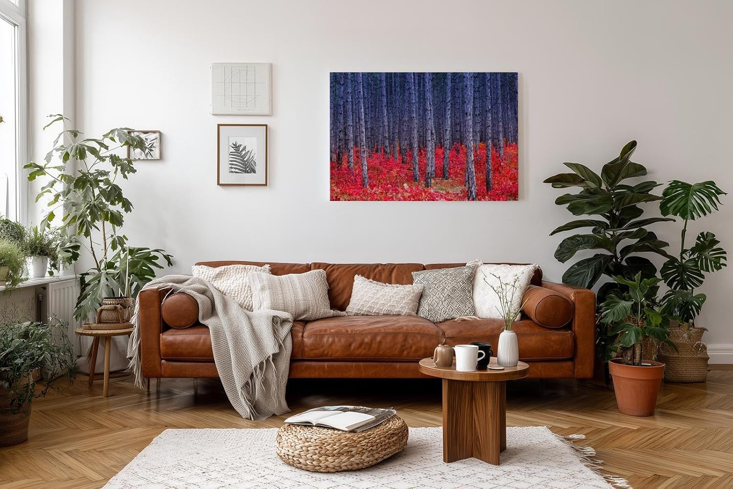 Sinus Art Wandbild 120x80cm Kontrastreiches Bild mit blau-grauen Baumstämmen und leuchtend rotem Waldboden
