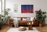 Sinus Art Wandbild 120x80cm Kontrastreiches Bild mit blau-grauen Baumstämmen und leuchtend rotem Waldboden