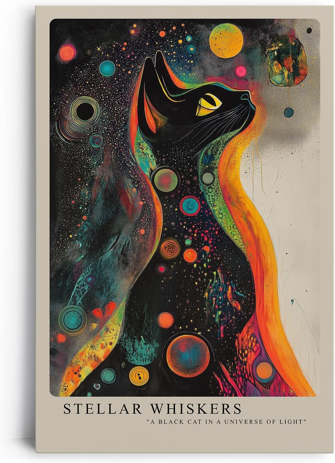 Paul Sinus Leinwandbild 60x90cm Galaktische Katze farbenfroh mystisch surreal kosmisch faszinierende Wandkunst leuchtende Farben kunstvoll hypnotisch