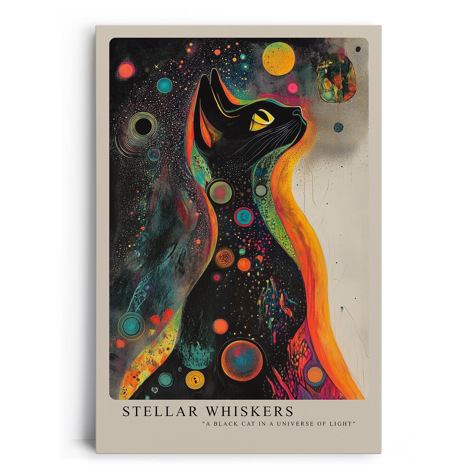 Paul Sinus Leinwandbild 60x90cm Galaktische Katze farbenfroh mystisch surreal kosmisch faszinierende Wandkunst leuchtende Farben kunstvoll hypnotisch