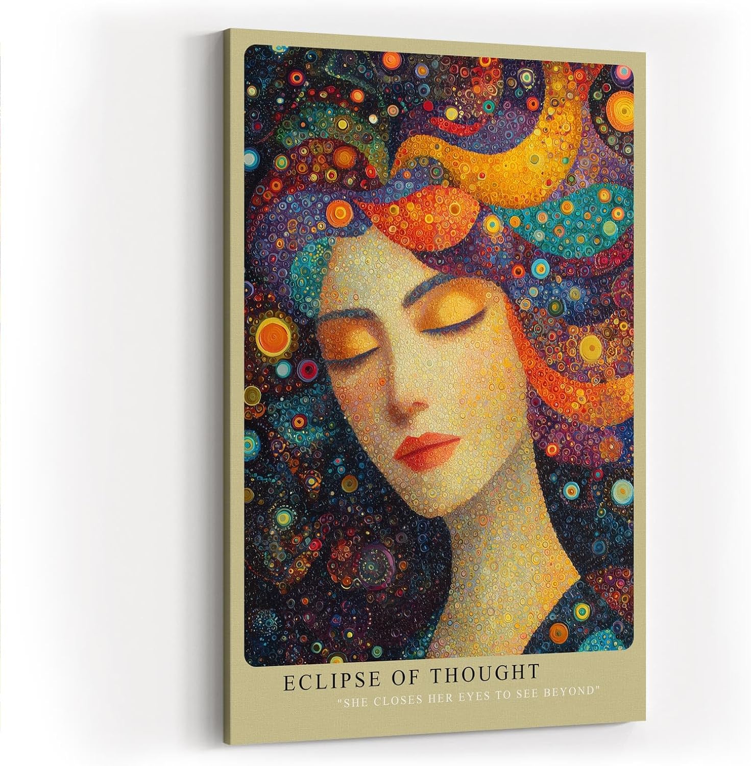Paul Sinus Wandbild in 40x60cm Eclipse of Thought Künstlerisches Frauenporträt mit bunten, kreisförmigen Mustern im Haar für lebendige und inspirierende Raumgestaltung