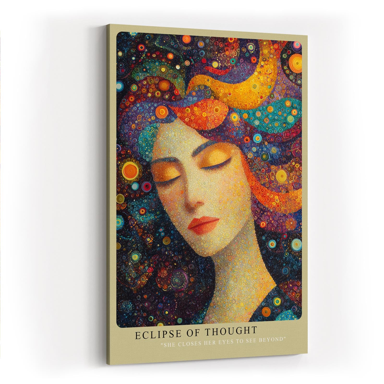 Paul Sinus Wandbild in 40x60cm Eclipse of Thought Künstlerisches Frauenporträt mit bunten, kreisförmigen Mustern im Haar für lebendige und inspirierende Raumgestaltung