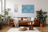 Sinus Art Wandbild 120x80cm Florales Design mit Blüten und Blättern im klassischen Vintage-Stil auf blauem Hintergrund