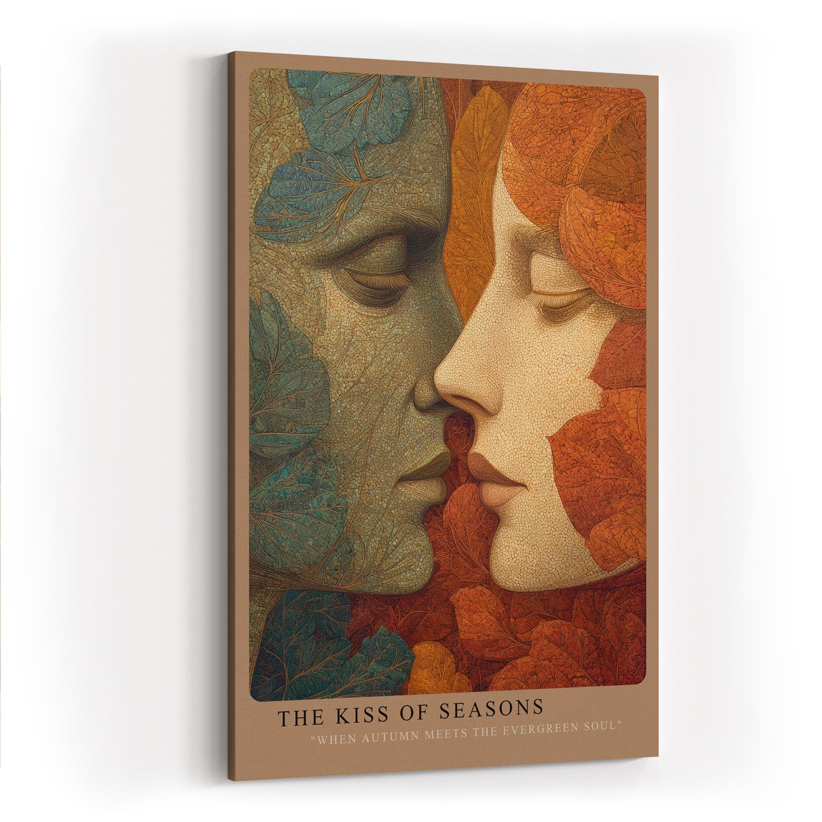 Paul Sinus Wandbild in 40x60cm The Kiss of Seasons kunstvolles Porträt zweier Gesichter in herbstlichen und grünen Blättern