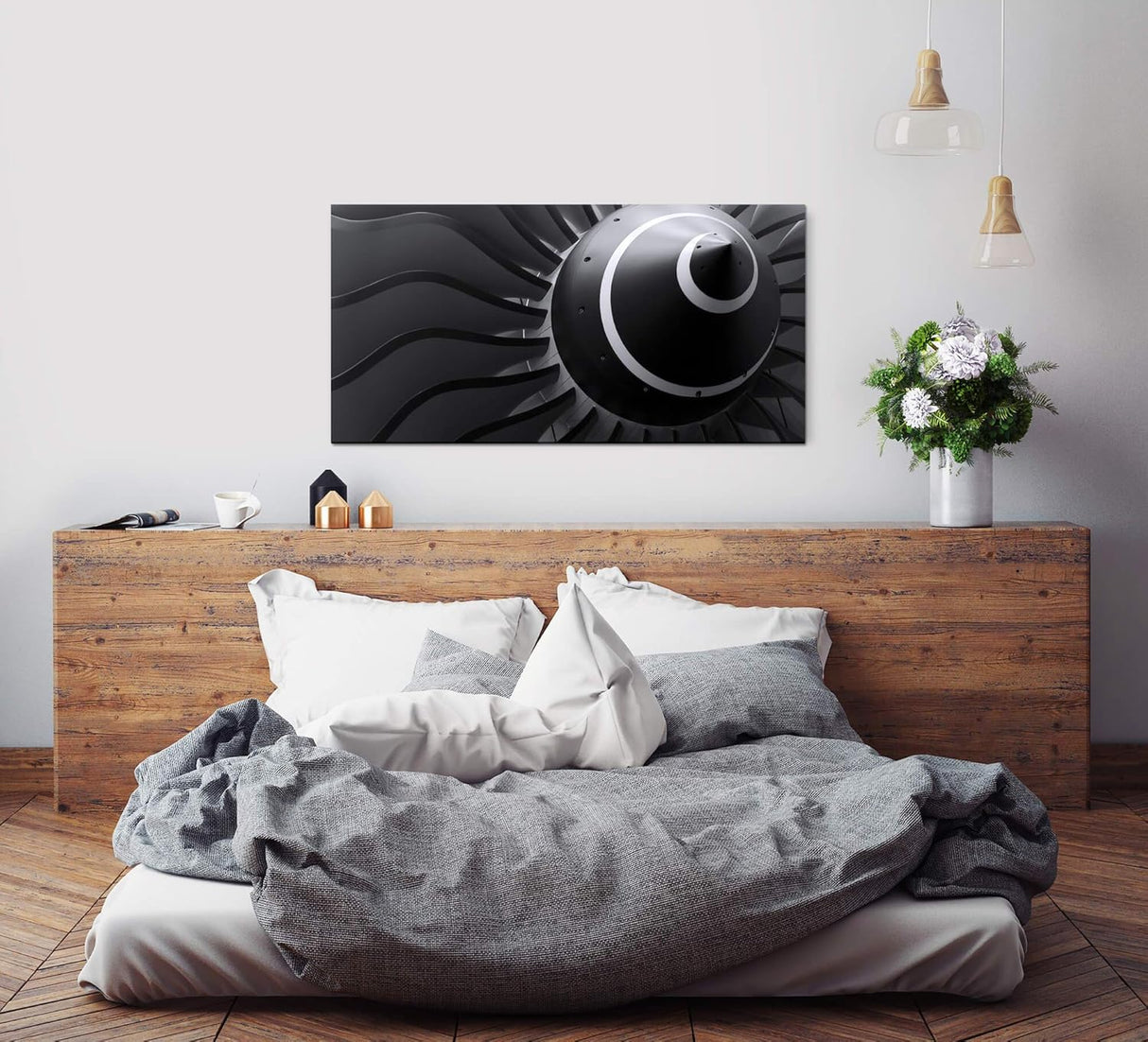 Flugzeugturbine ca. 130x70cm Wandbild inklusive Schattenfugenrahmen weiss - Panorama Leinwand Bild XXL Format Wandbilder Wohnzimmer Wohnung Deko Kunstdrucke