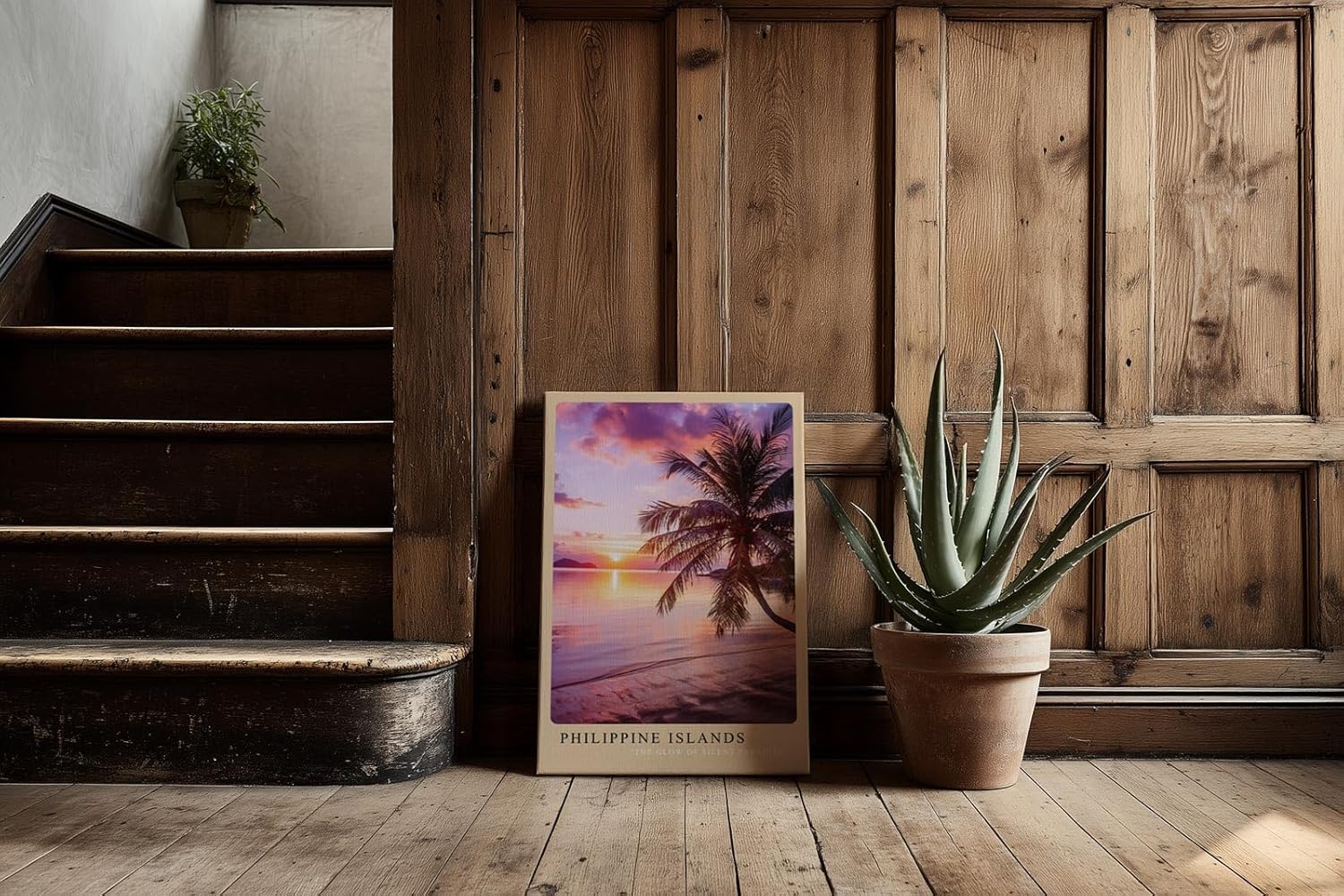 Paul Sinus Kunstdruck 40x60cm Philippinen mit Palme am Meer – tropischer Sonnenuntergang auf einsamem Strand