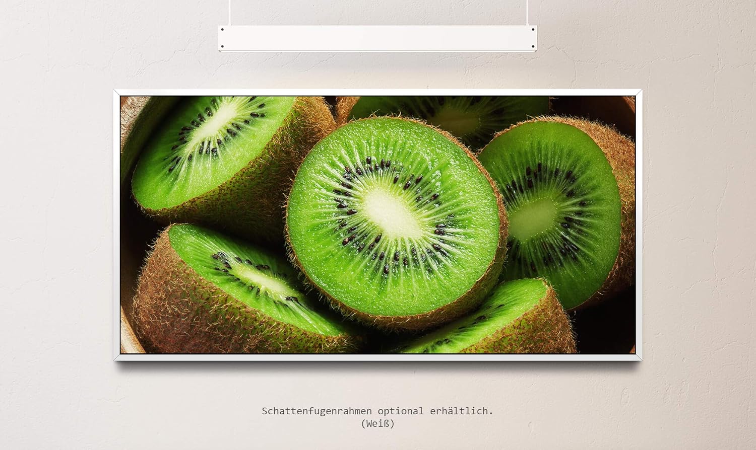 Kiwis in einer Holz Schüssel ca. 130x70cm Wandbild inklusive Schattenfugenrahmen weiss - Panorama Leinwand Bild XXL Format Wandbilder Wohnzimmer Wohnung Deko Kunstdrucke