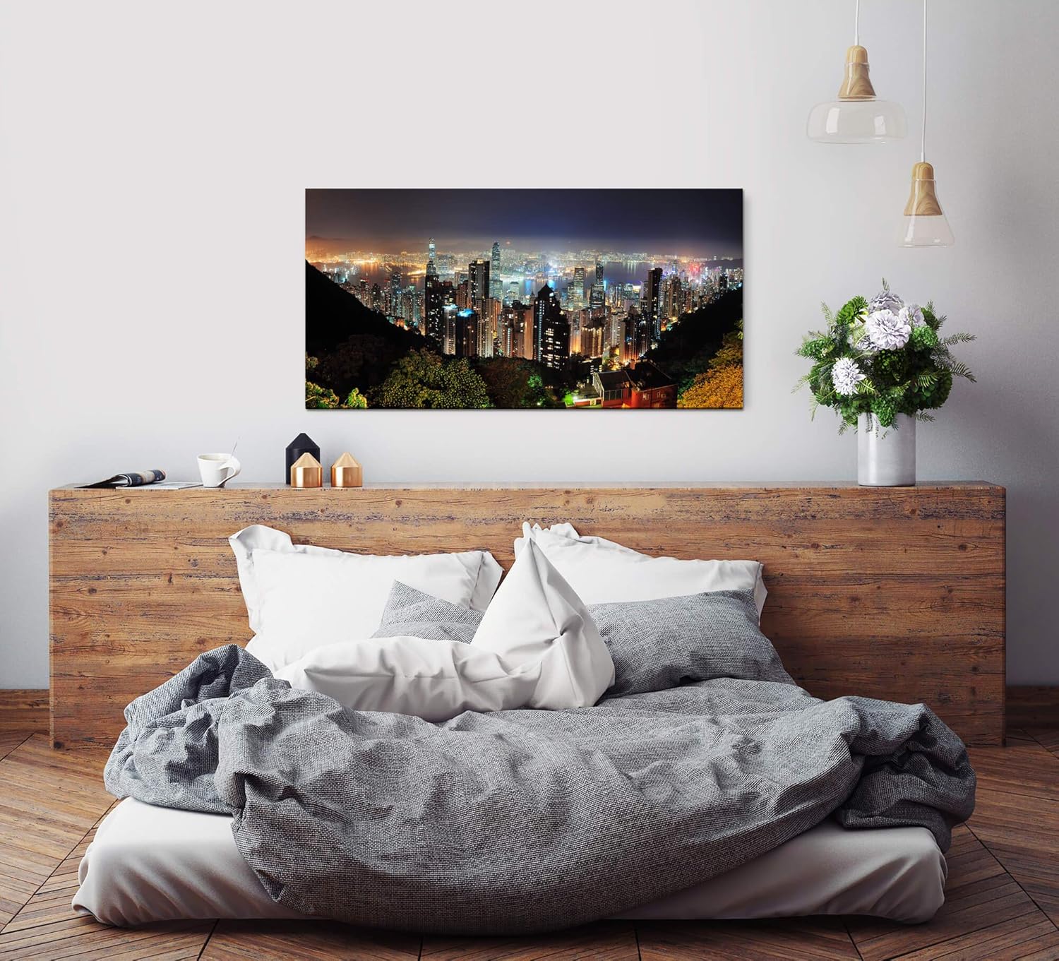 Hong Kong Wolkenkratzer Skyline ca. 130x70cm Wandbild inklusive Schattenfugenrahmen weiss - Panorama Leinwand Bild XXL Format Wandbilder Wohnzimmer Wohnung Deko Kunstdrucke