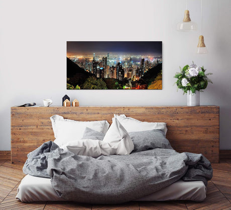 Hong Kong Wolkenkratzer Skyline ca. 130x70cm Wandbild inklusive Schattenfugenrahmen weiss - Panorama Leinwand Bild XXL Format Wandbilder Wohnzimmer Wohnung Deko Kunstdrucke