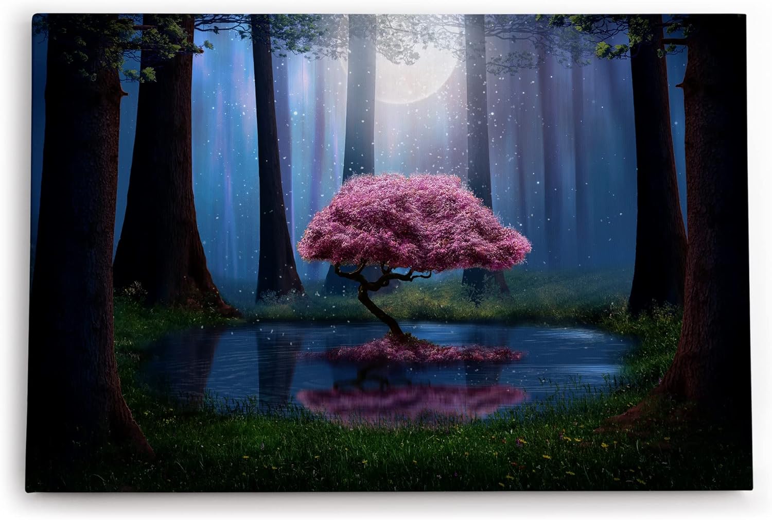 Paul Sinus Wandbild 120x80cm Märchenwald Bonsai Wald Vollmond Bäume Teich