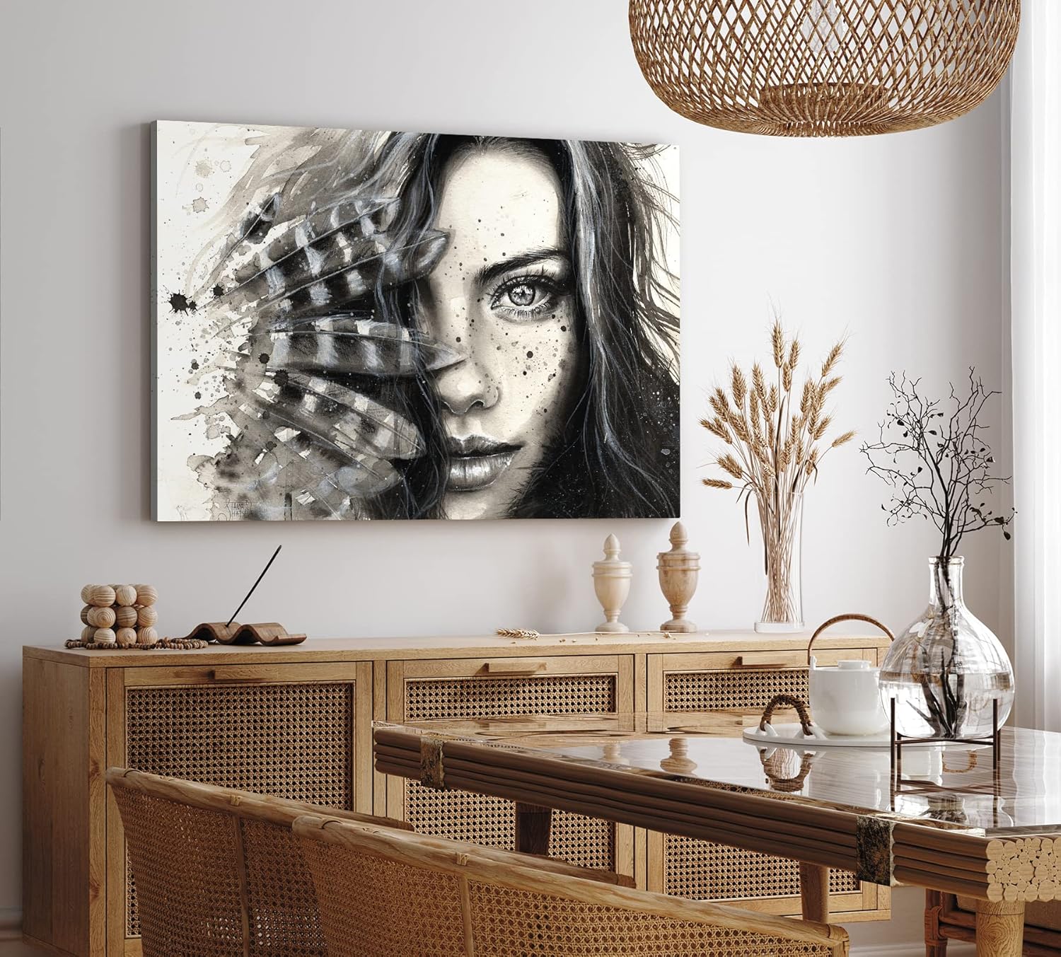 Wandbild 120x80cm Porträt einer jungen Frau Kunstvoll Schönheit Federn