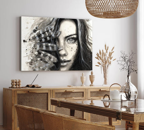 Wandbild 120x80cm Porträt einer jungen Frau Kunstvoll Schönheit Federn