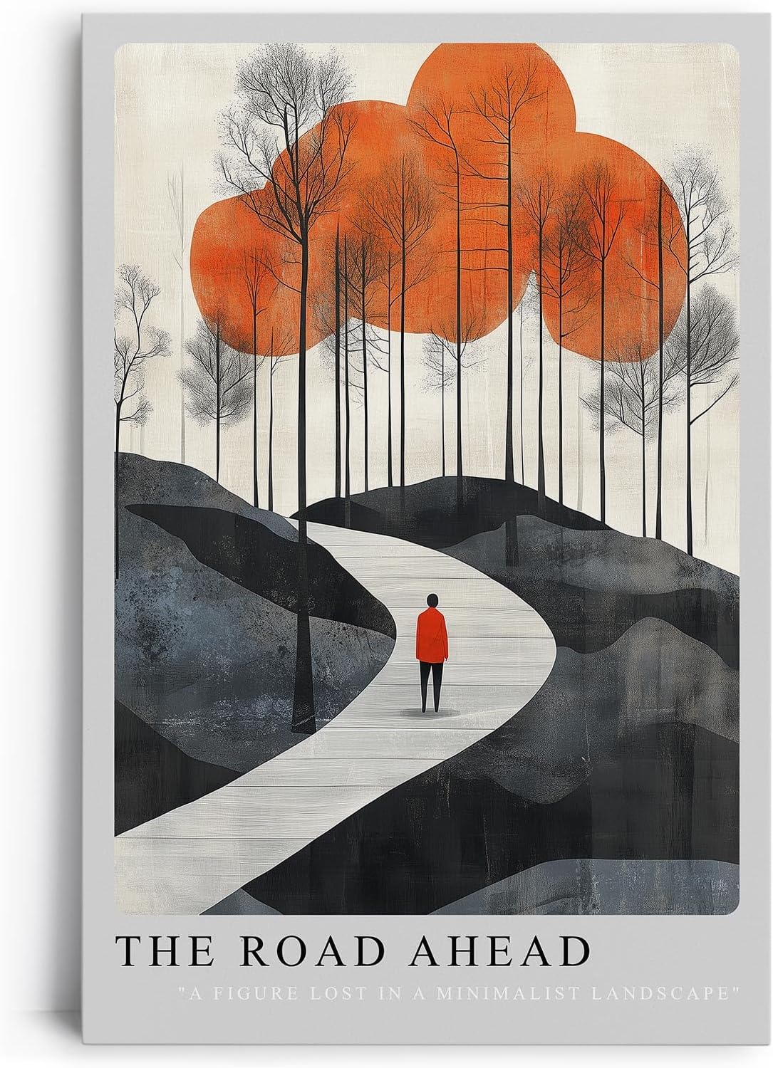 Paul Sinus Leinwandbild 40x60cm The Road Ahead Leinwandbild minimalistisches Landschaftsbild mit Figur im roten Mantel faszinierende Symbolik