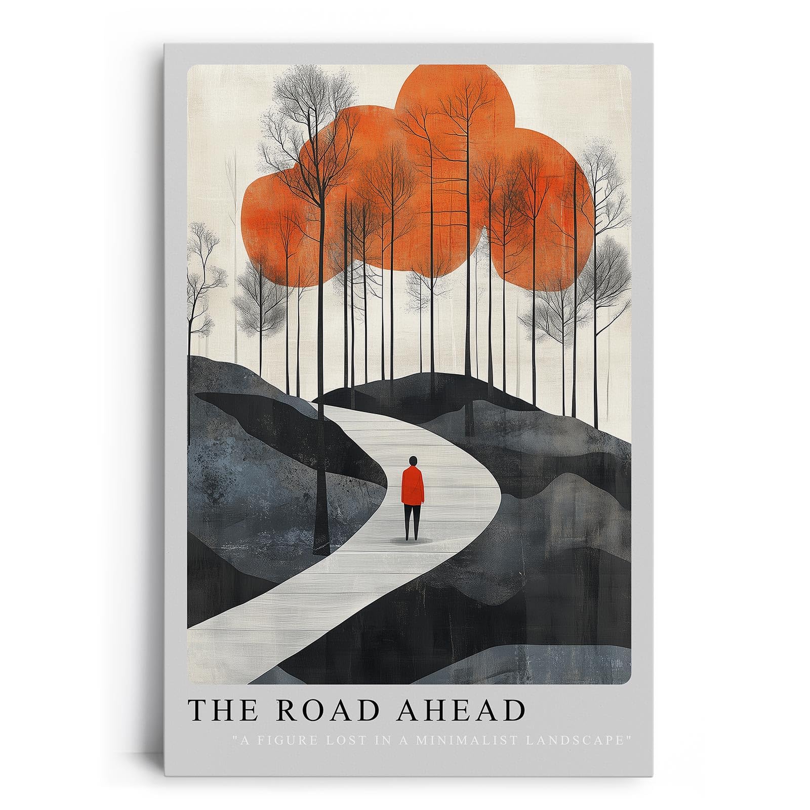 Paul Sinus Leinwandbild 40x60cm The Road Ahead Leinwandbild minimalistisches Landschaftsbild mit Figur im roten Mantel faszinierende Symbolik