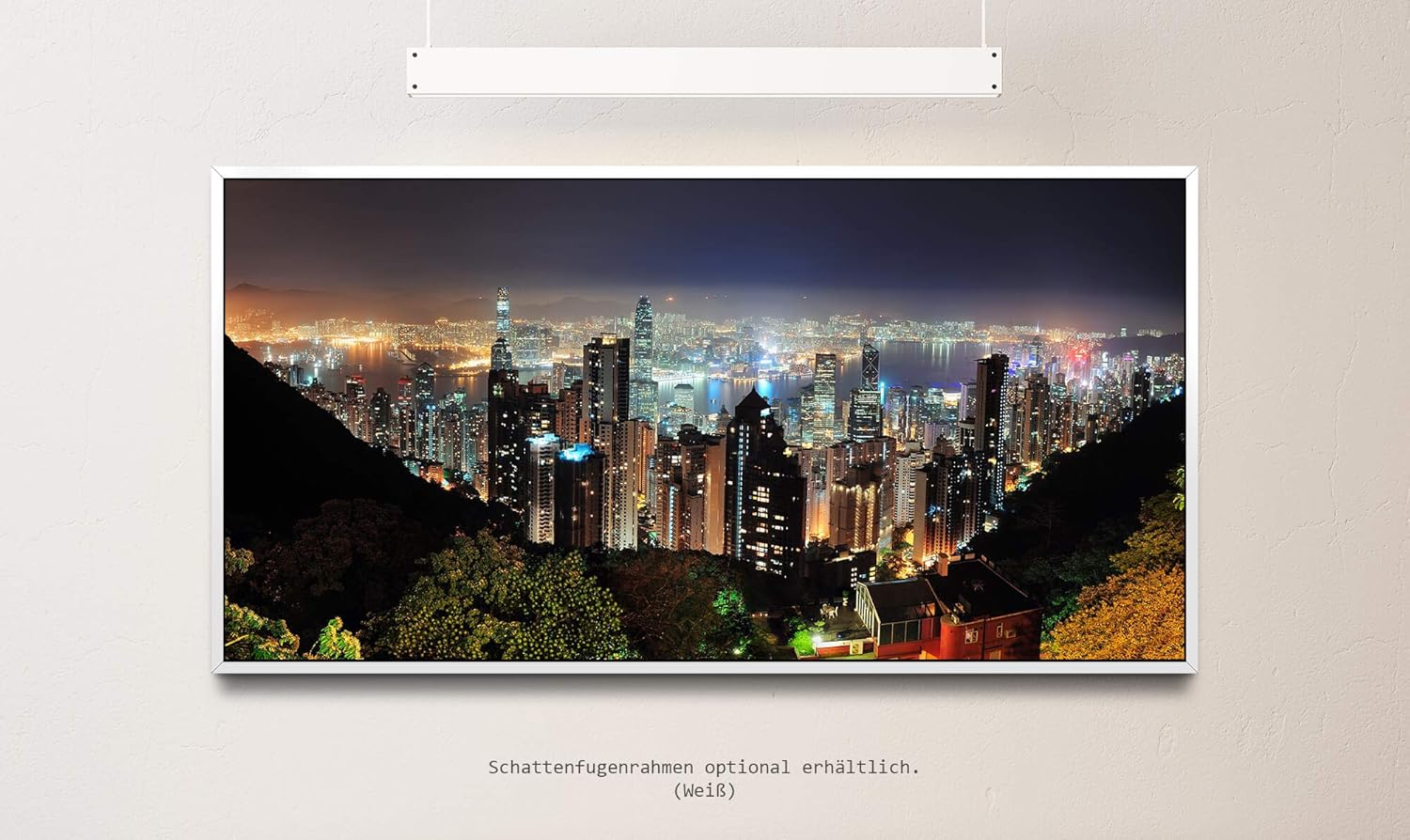 Hong Kong Wolkenkratzer Skyline ca. 130x70cm Wandbild inklusive Schattenfugenrahmen weiss - Panorama Leinwand Bild XXL Format Wandbilder Wohnzimmer Wohnung Deko Kunstdrucke