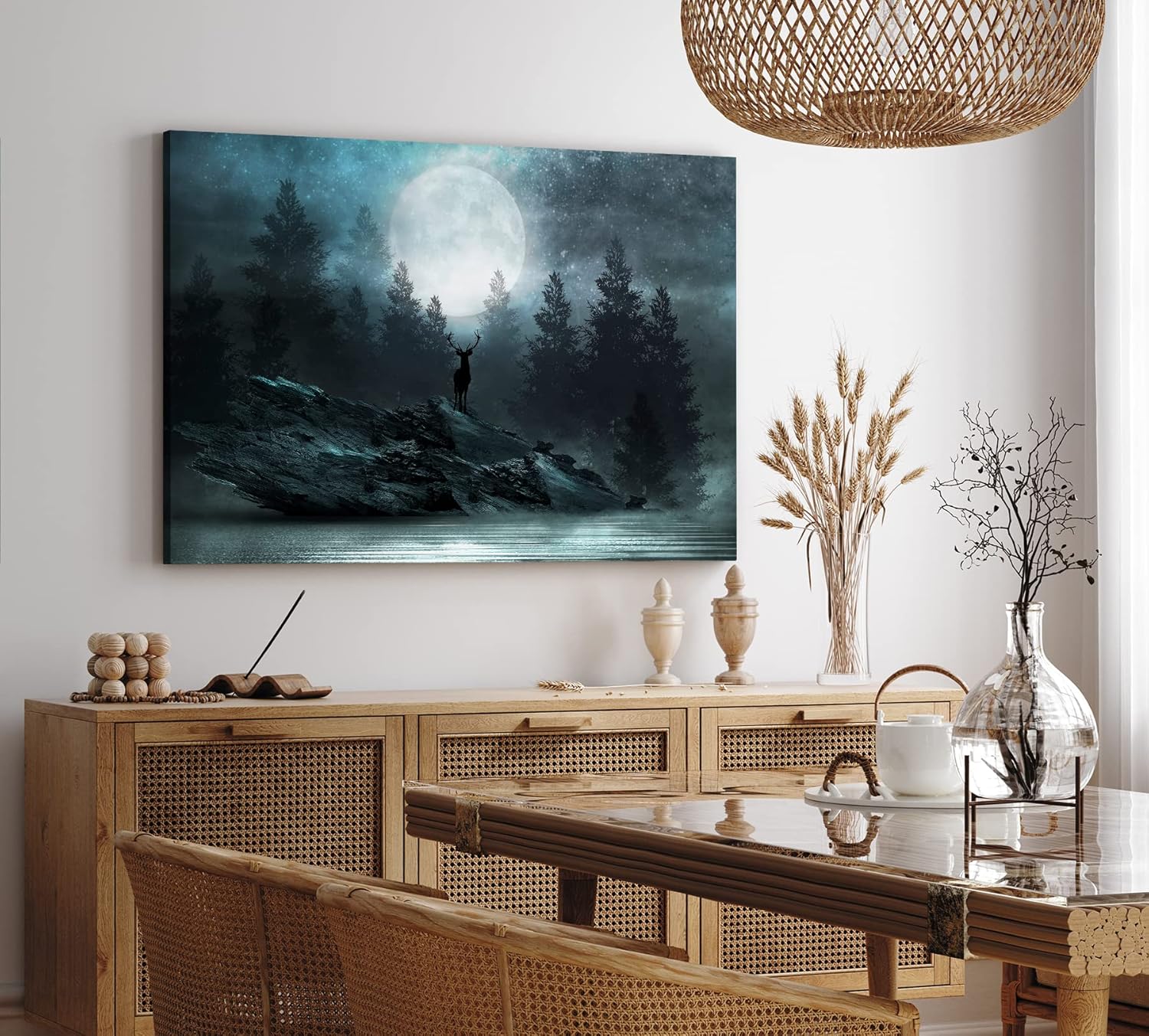 Paul Sinus Wandbild 120x80cm Vollmond Sternenhimmel Nacht Hirsch Finster