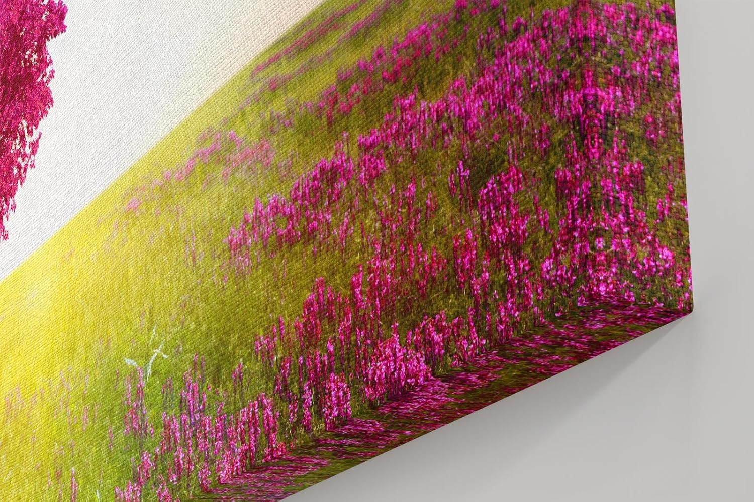Sinus Art Wandbild 120x80cm Herzförmiger Baum in pinker Blüte in weiter Frühlingslandschaft mit Blumenwiese