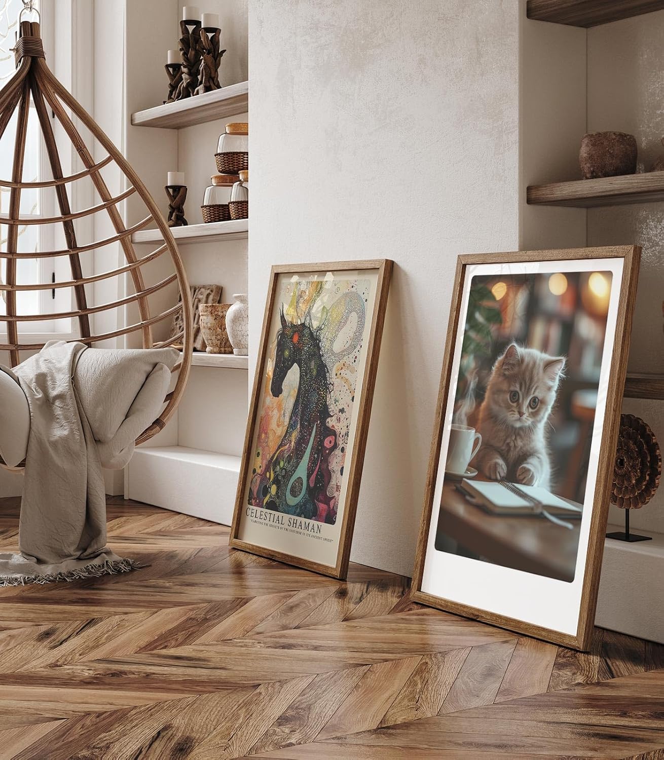 Paul Sinus Leinwandbild 80x120cm Leinwandbild Nachdenkliche Katze im Café – Charmante Szene mit flauschigem Kätzchen, gemütliche Atmosphäre, warmes Licht