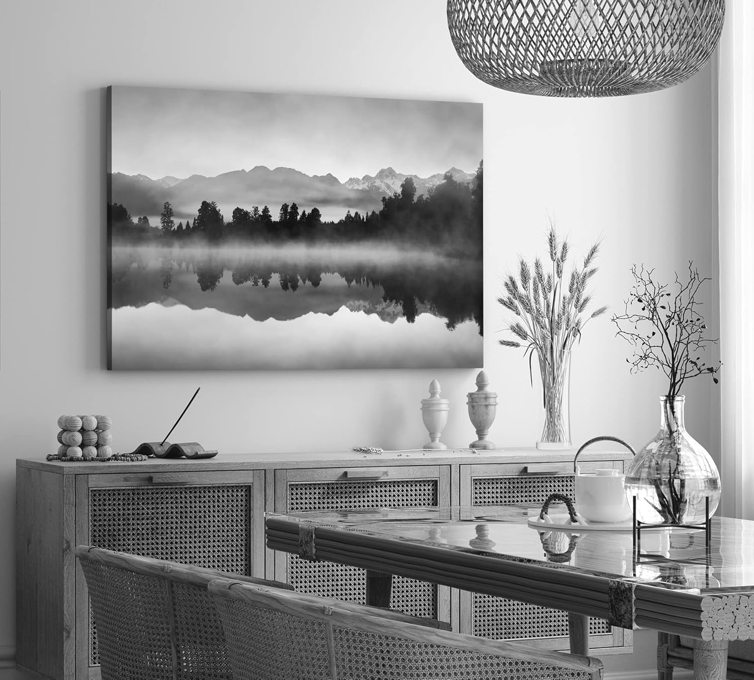 Paul Sinus Wandbild 120x80cm See Berge Landschaft Schwarz Weiß Bäume