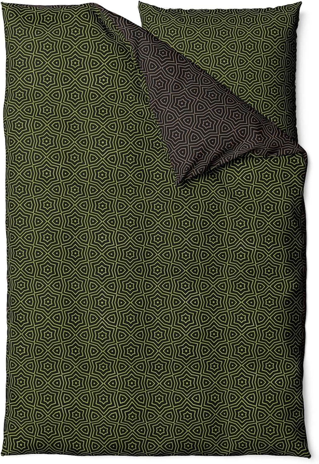 Sinus Art Mikrofaser Bettwäsche 135x200 cm + 80x80 cm – Wendedesign in Schwarz & Olivgrün mit inspiriertem Sternmuster, pflegeleicht & allergikerfreundlich