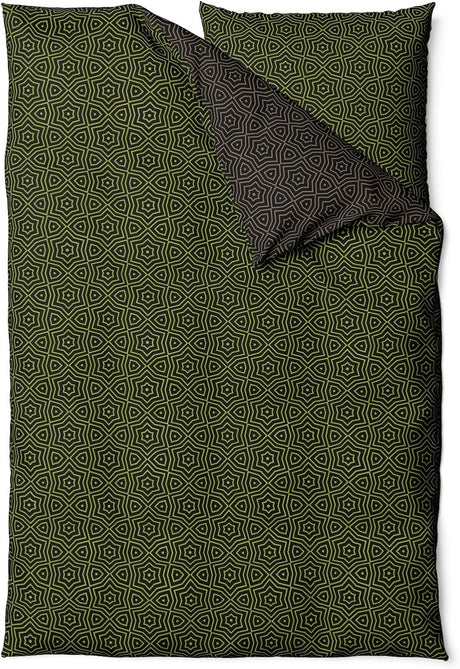 Sinus Art Mikrofaser Bettwäsche 135x200 cm + 80x80 cm – Wendedesign in Schwarz & Olivgrün mit inspiriertem Sternmuster, pflegeleicht & allergikerfreundlich