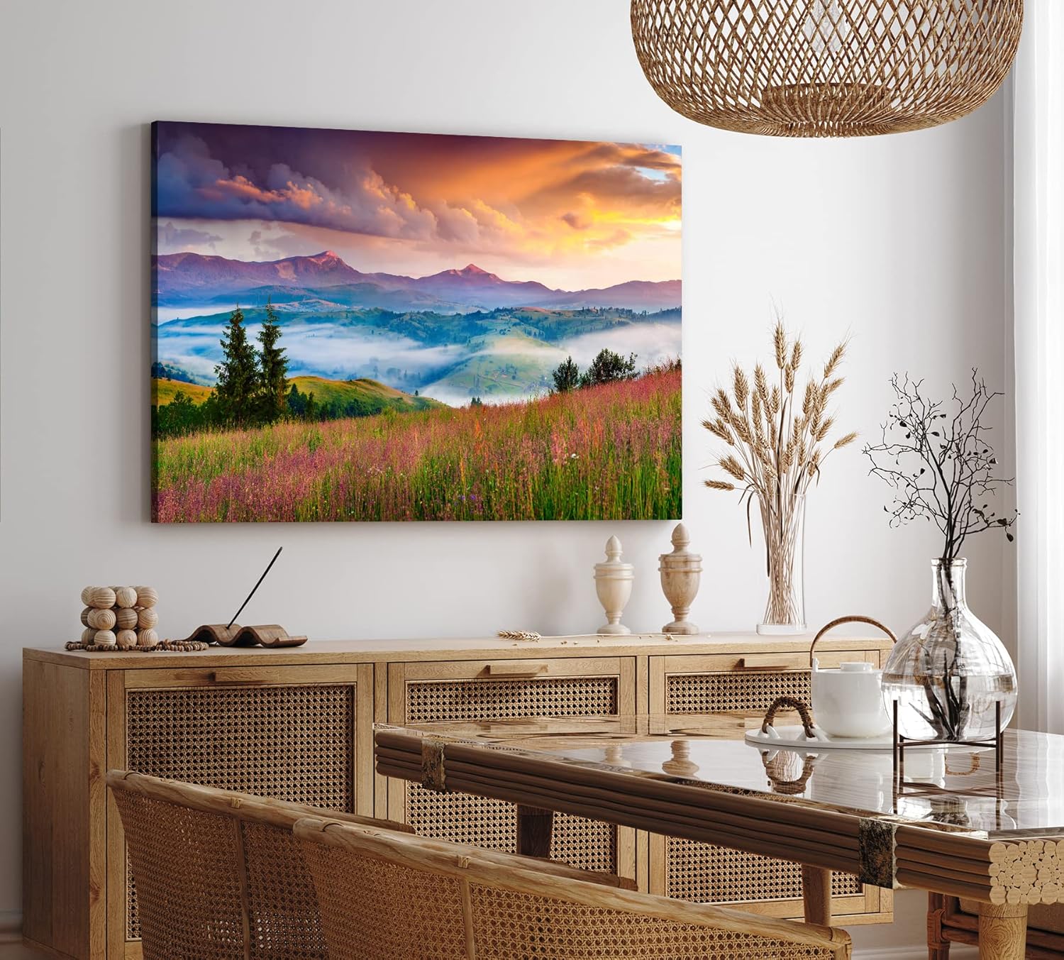 Paul Sinus Wandbild 120x80cm Bergtal Berge Berglandschaft Nebel Natur Blumenwiese