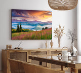 Paul Sinus Wandbild 120x80cm Bergtal Berge Berglandschaft Nebel Natur Blumenwiese