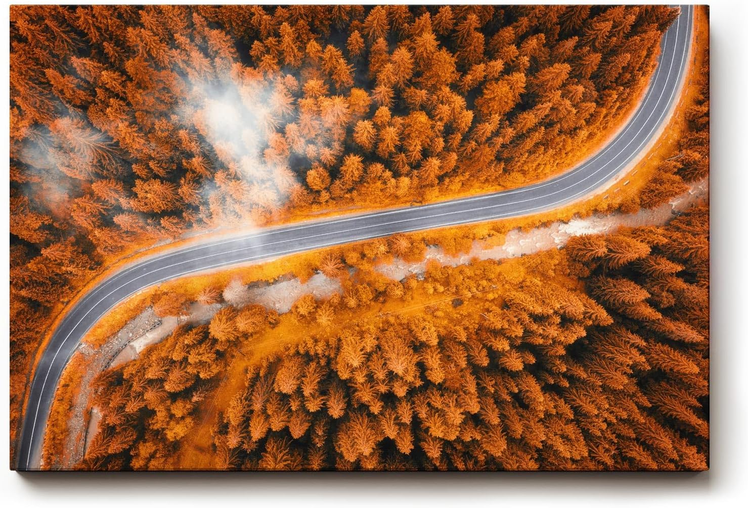 Sinus Art Wandbild 120x80cm Herbstlicher Mischwald mit elegant geschwungener Straße in Luftaufnahme