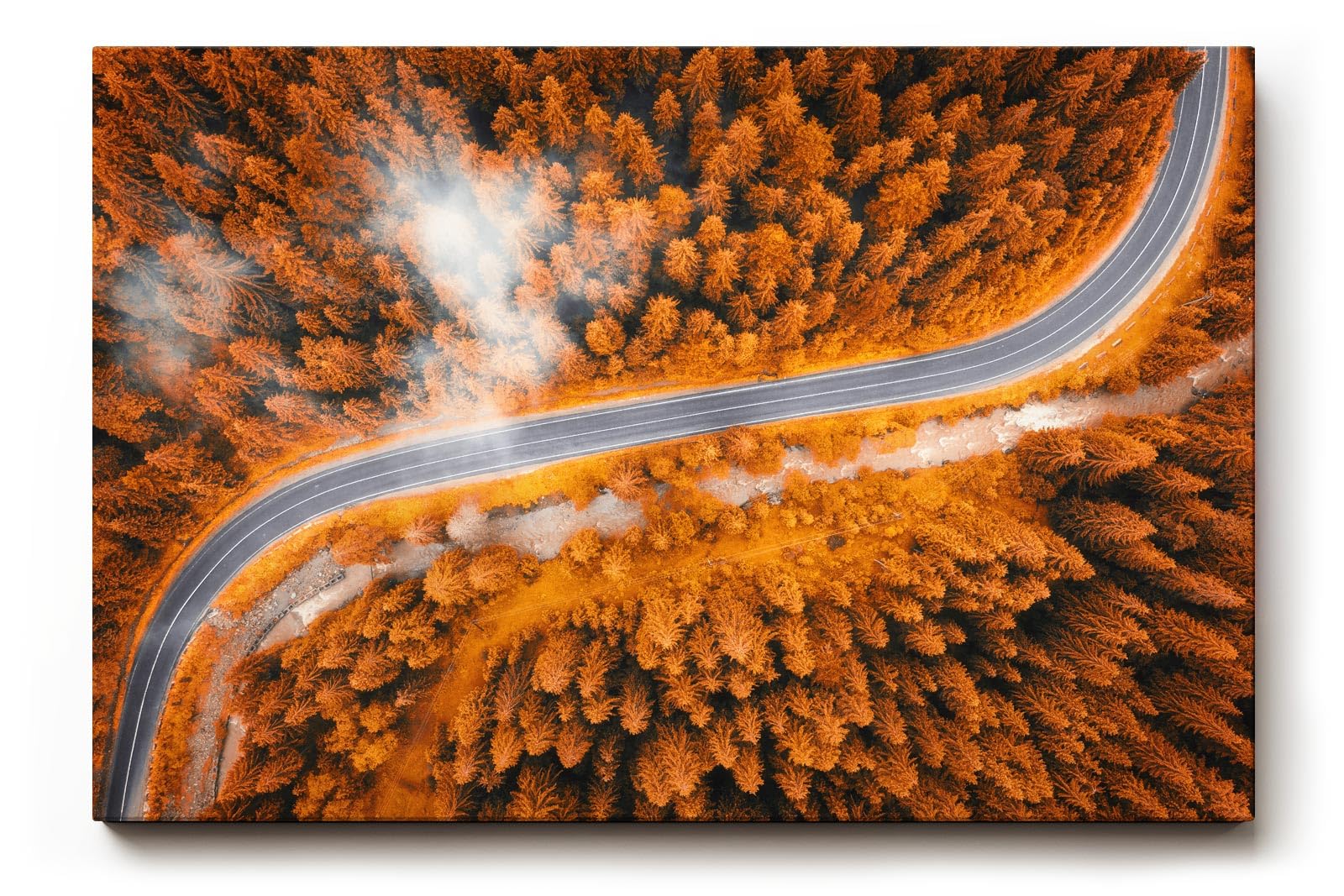 Sinus Art Wandbild 120x80cm Herbstlicher Mischwald mit elegant geschwungener Straße in Luftaufnahme