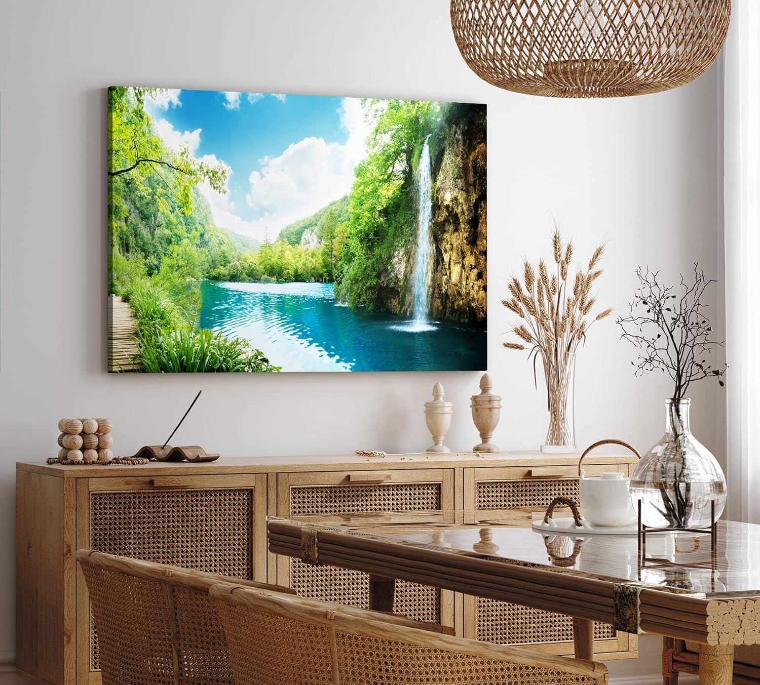 Paul Sinus Wandbild 120x80cm See Wasserfall Natur Berge Wald Sommer