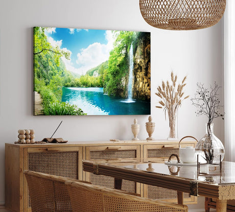 Paul Sinus Wandbild 120x80cm See Wasserfall Natur Berge Wald Sommer
