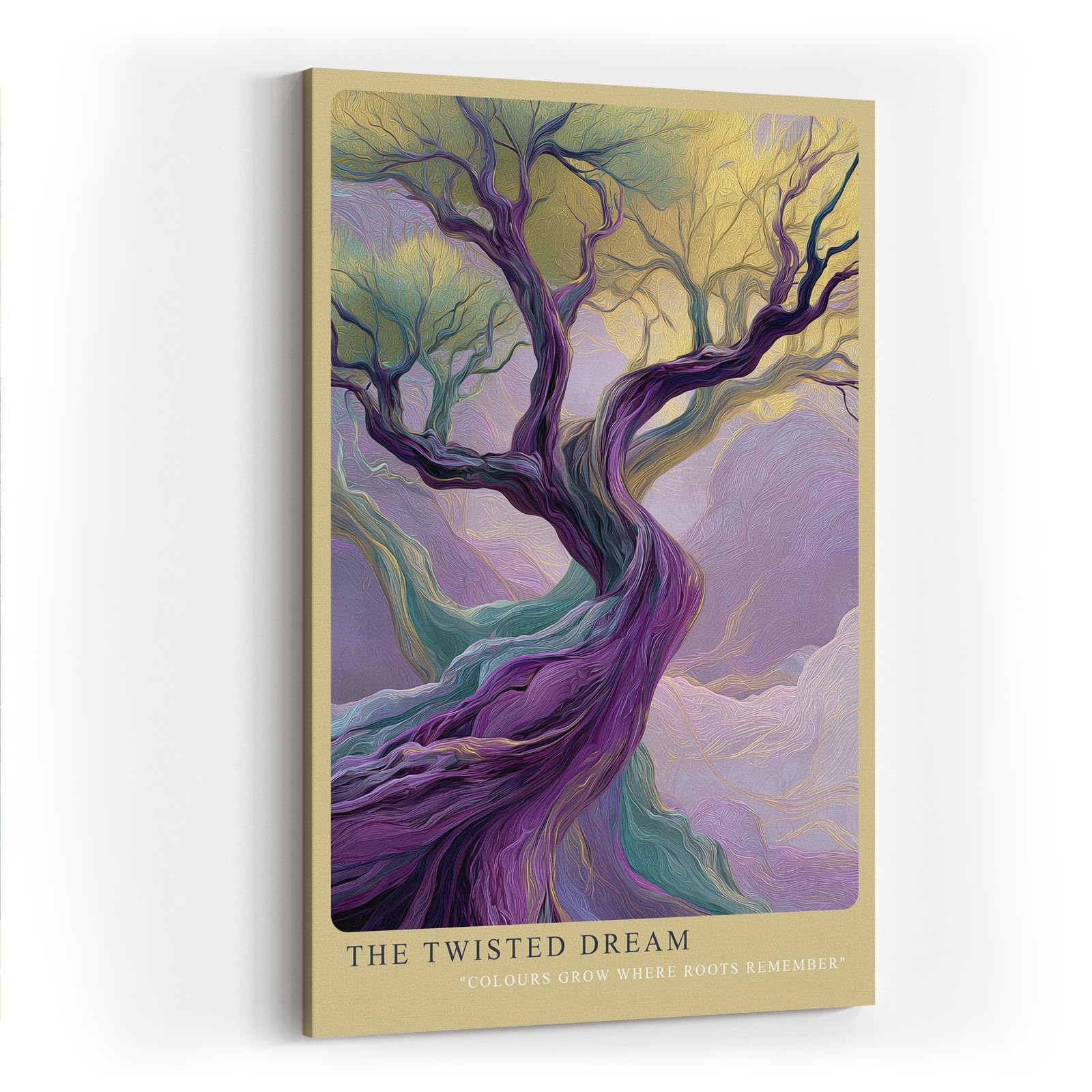 Paul Sinus Wandbild in 40x60cm The Twisted Dream – Farbintensive Kunst mit verschlungenem Baum in surrealer Landschaft