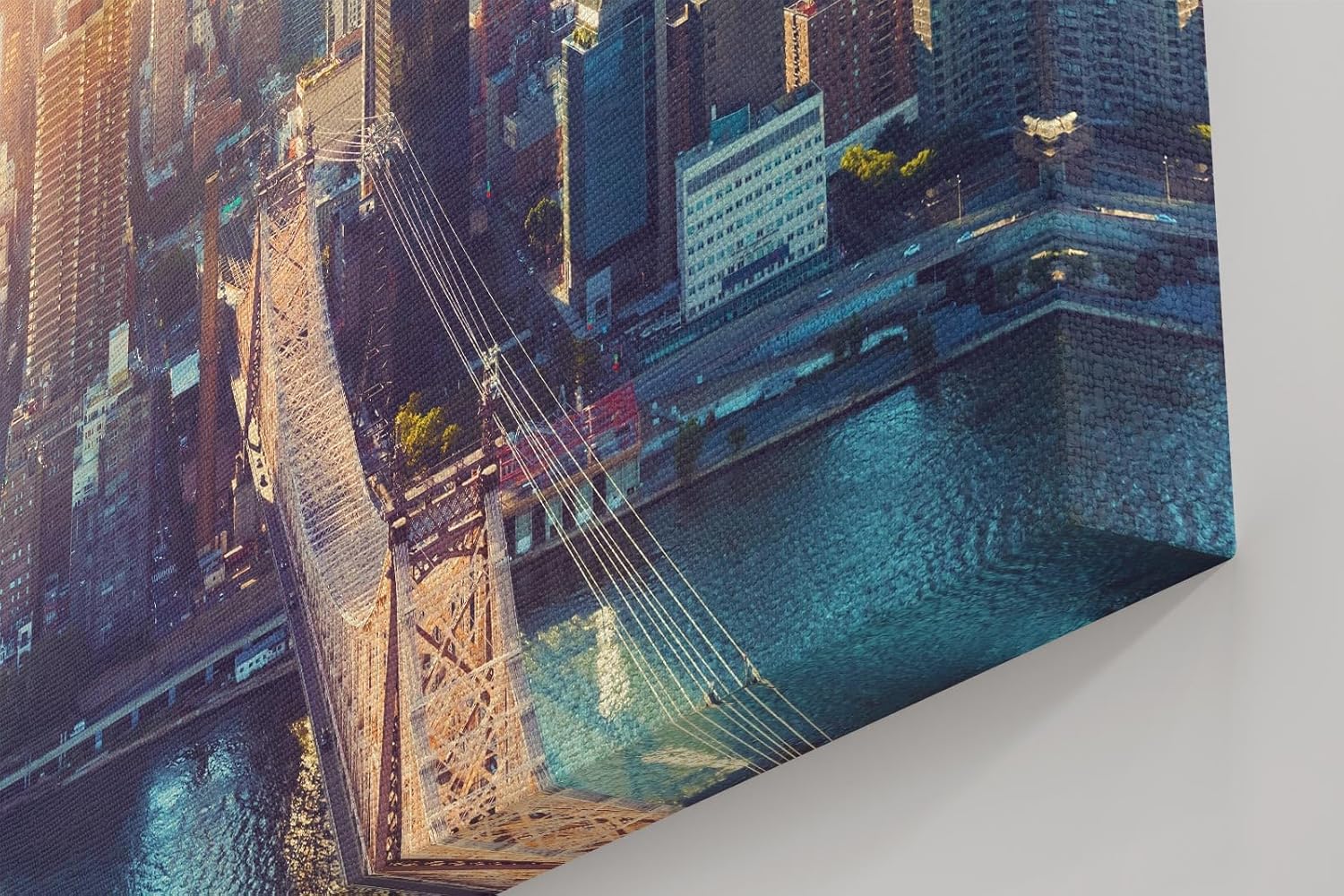 Sinus Art Wandbild 120x80cm Stimmungsvolle Stadtsilhouette mit Brooklyn Bridge und Sonnenlicht über Manhattan